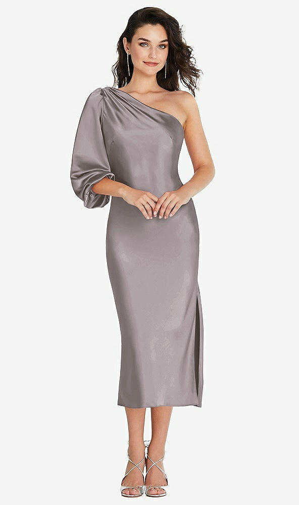 Front View - Cashmere Gray One-Shoulder Puff Sleeve Midi Bias Dress with Side Slit
