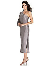 Side View Thumbnail - Cashmere Gray One-Shoulder Puff Sleeve Midi Bias Dress with Side Slit