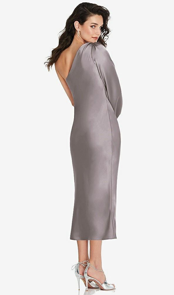 Back View - Cashmere Gray One-Shoulder Puff Sleeve Midi Bias Dress with Side Slit
