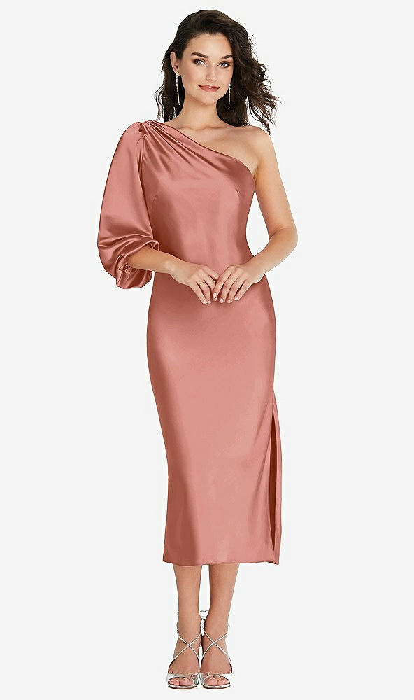Front View - Desert Rose One-Shoulder Puff Sleeve Midi Bias Dress with Side Slit