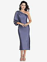 Front View Thumbnail - French Blue One-Shoulder Puff Sleeve Midi Bias Dress with Side Slit