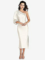 Front View Thumbnail - Ivory One-Shoulder Puff Sleeve Midi Bias Dress with Side Slit