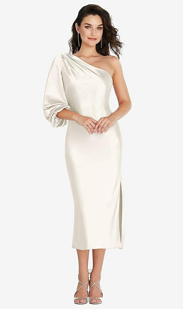 Front View - Ivory One-Shoulder Puff Sleeve Midi Bias Dress with Side Slit