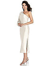 Side View Thumbnail - Ivory One-Shoulder Puff Sleeve Midi Bias Dress with Side Slit