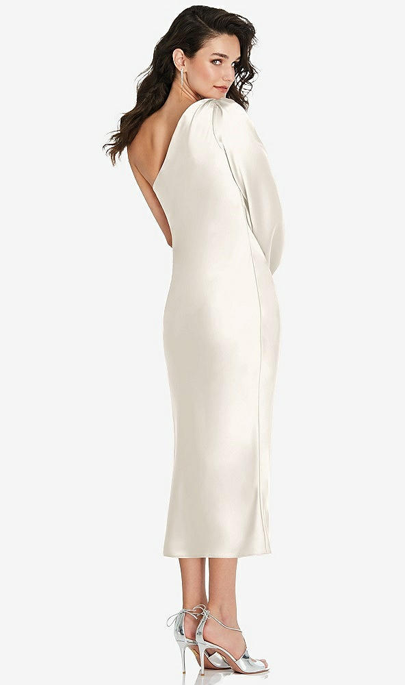 Back View - Ivory One-Shoulder Puff Sleeve Midi Bias Dress with Side Slit