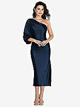 Front View Thumbnail - Midnight Navy One-Shoulder Puff Sleeve Midi Bias Dress with Side Slit