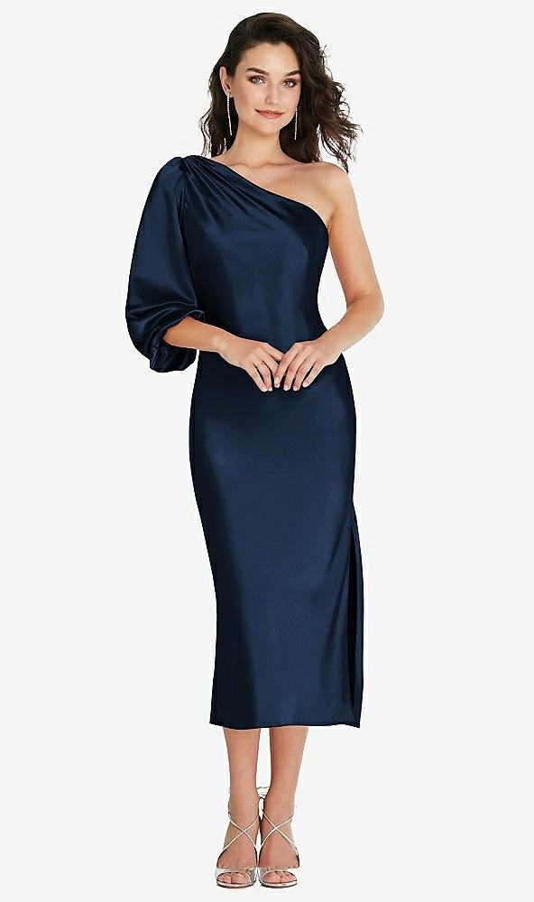 Front View - Midnight Navy One-Shoulder Puff Sleeve Midi Bias Dress with Side Slit
