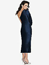 Rear View Thumbnail - Midnight Navy One-Shoulder Puff Sleeve Midi Bias Dress with Side Slit