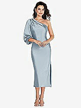 Front View Thumbnail - Mist One-Shoulder Puff Sleeve Midi Bias Dress with Side Slit