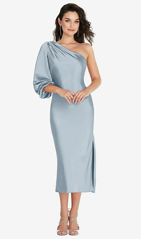 Front View - Mist One-Shoulder Puff Sleeve Midi Bias Dress with Side Slit