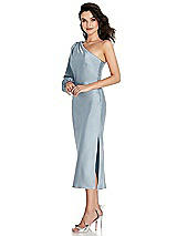 Side View Thumbnail - Mist One-Shoulder Puff Sleeve Midi Bias Dress with Side Slit