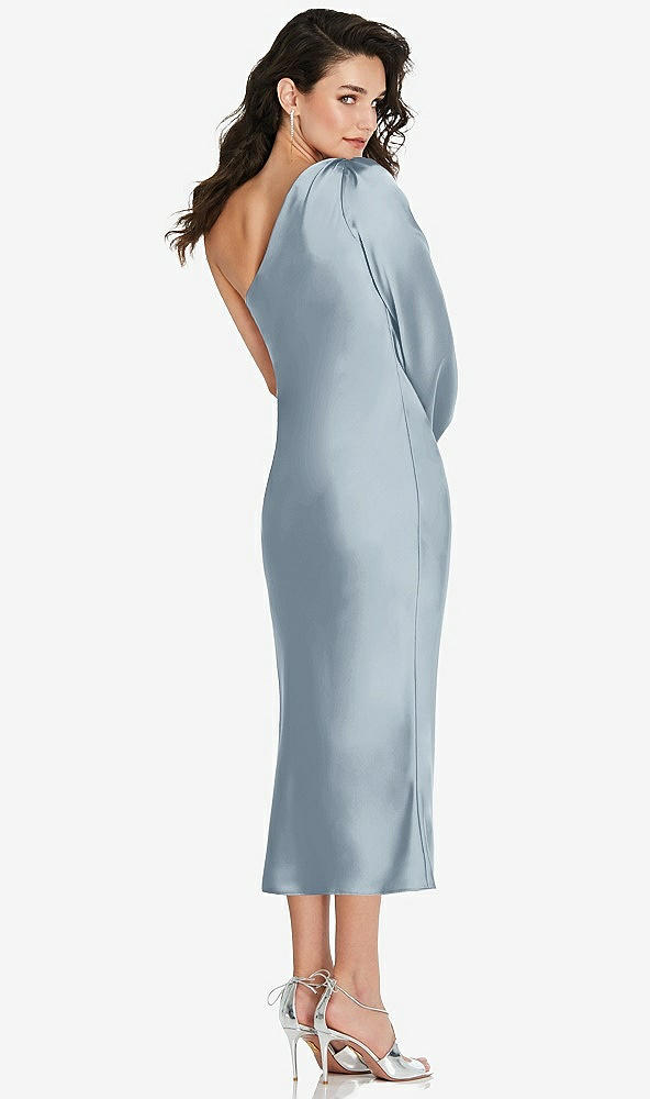 Back View - Mist One-Shoulder Puff Sleeve Midi Bias Dress with Side Slit