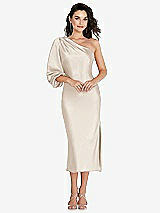 Front View Thumbnail - Oat One-Shoulder Puff Sleeve Midi Bias Dress with Side Slit