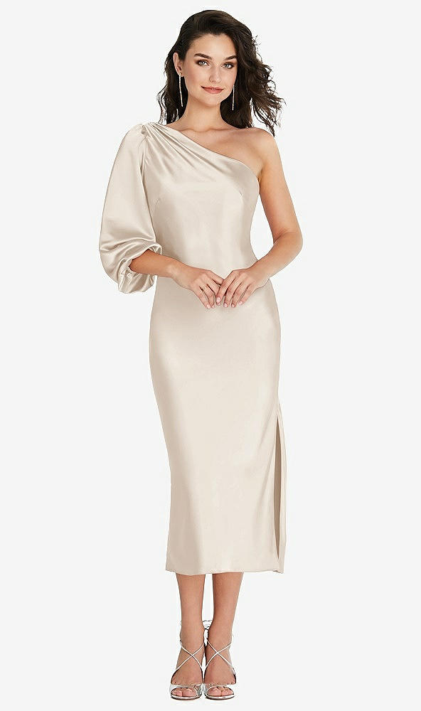 Front View - Oat One-Shoulder Puff Sleeve Midi Bias Dress with Side Slit