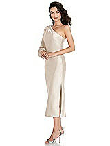 Side View Thumbnail - Oat One-Shoulder Puff Sleeve Midi Bias Dress with Side Slit