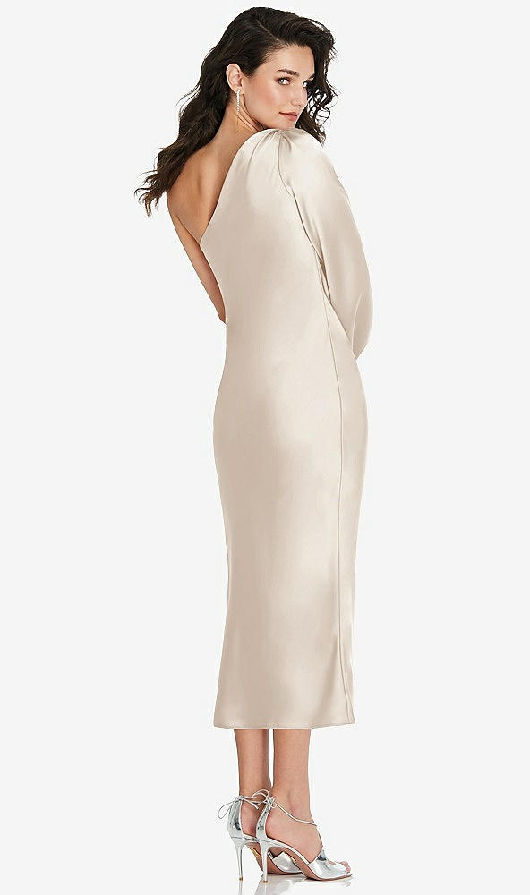 Back View - Oat One-Shoulder Puff Sleeve Midi Bias Dress with Side Slit