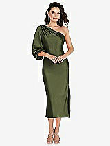 Front View Thumbnail - Olive Green One-Shoulder Puff Sleeve Midi Bias Dress with Side Slit