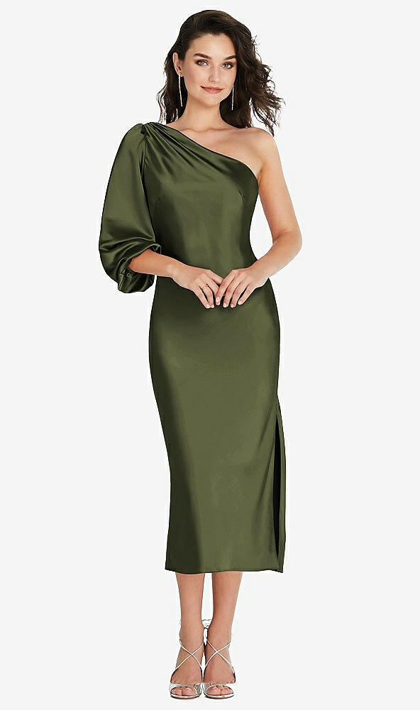 Front View - Olive Green One-Shoulder Puff Sleeve Midi Bias Dress with Side Slit