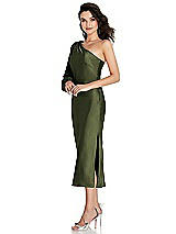 Side View Thumbnail - Olive Green One-Shoulder Puff Sleeve Midi Bias Dress with Side Slit