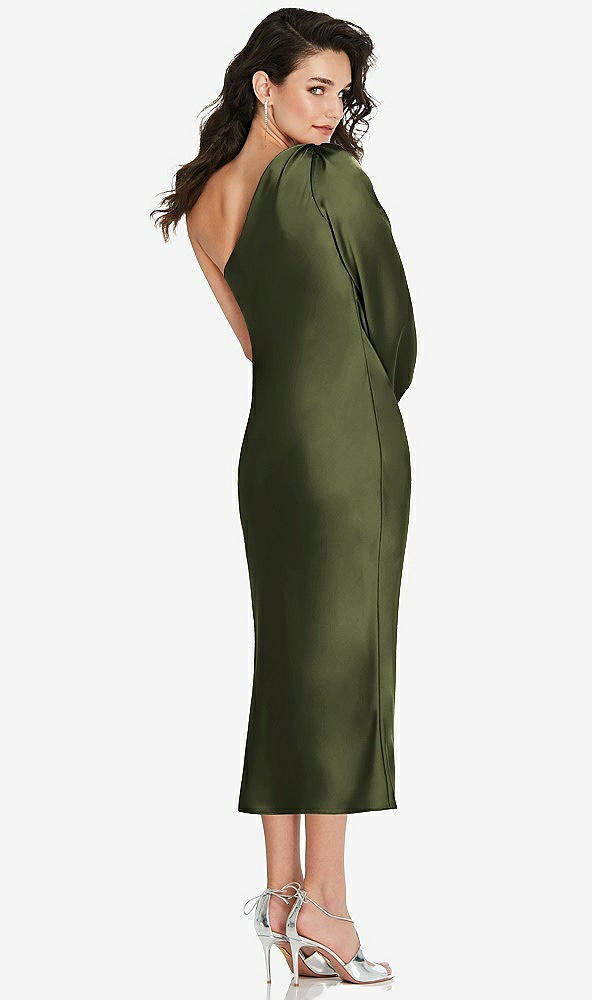 Back View - Olive Green One-Shoulder Puff Sleeve Midi Bias Dress with Side Slit