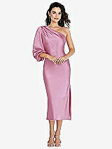 Front View Thumbnail - Powder Pink One-Shoulder Puff Sleeve Midi Bias Dress with Side Slit