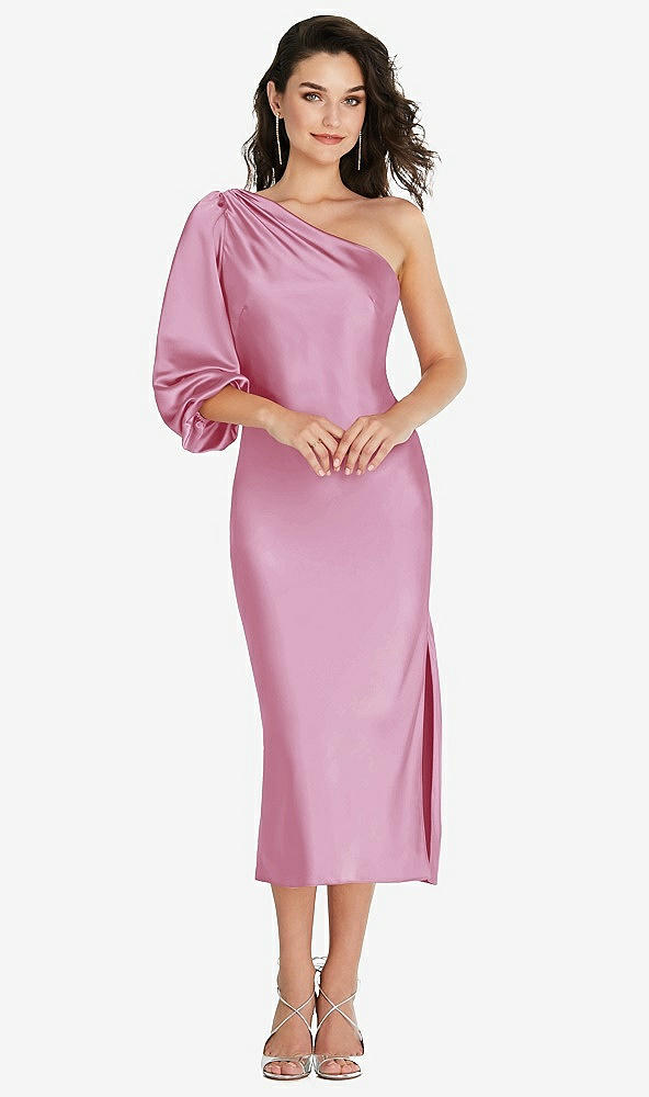 Front View - Powder Pink One-Shoulder Puff Sleeve Midi Bias Dress with Side Slit