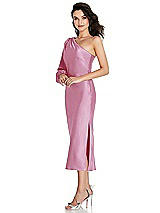 Side View Thumbnail - Powder Pink One-Shoulder Puff Sleeve Midi Bias Dress with Side Slit