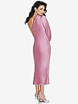 Rear View Thumbnail - Powder Pink One-Shoulder Puff Sleeve Midi Bias Dress with Side Slit