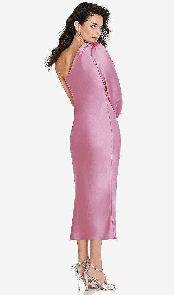 Back View - Powder Pink One-Shoulder Puff Sleeve Midi Bias Dress with Side Slit