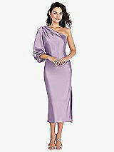 Front View Thumbnail - Pale Purple One-Shoulder Puff Sleeve Midi Bias Dress with Side Slit