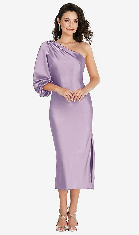 Front View - Pale Purple One-Shoulder Puff Sleeve Midi Bias Dress with Side Slit