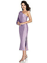 Side View Thumbnail - Pale Purple One-Shoulder Puff Sleeve Midi Bias Dress with Side Slit