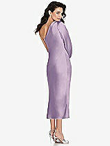 Rear View Thumbnail - Pale Purple One-Shoulder Puff Sleeve Midi Bias Dress with Side Slit
