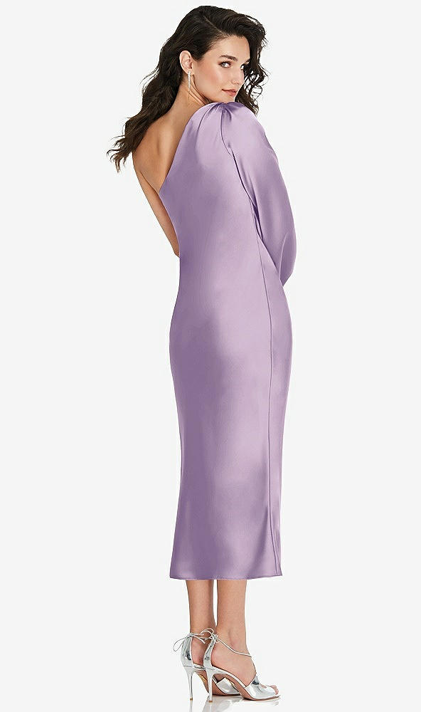 Back View - Pale Purple One-Shoulder Puff Sleeve Midi Bias Dress with Side Slit