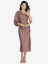 Front View Thumbnail - Sienna One-Shoulder Puff Sleeve Midi Bias Dress with Side Slit