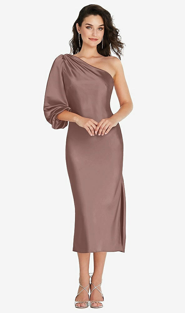 Front View - Sienna One-Shoulder Puff Sleeve Midi Bias Dress with Side Slit