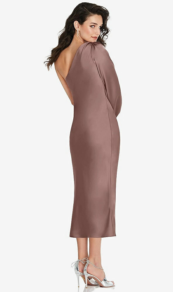 Back View - Sienna One-Shoulder Puff Sleeve Midi Bias Dress with Side Slit