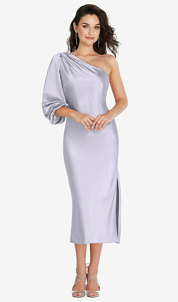 Front View - Silver Dove One-Shoulder Puff Sleeve Midi Bias Dress with Side Slit