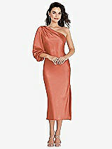 Front View Thumbnail - Terracotta Copper One-Shoulder Puff Sleeve Midi Bias Dress with Side Slit