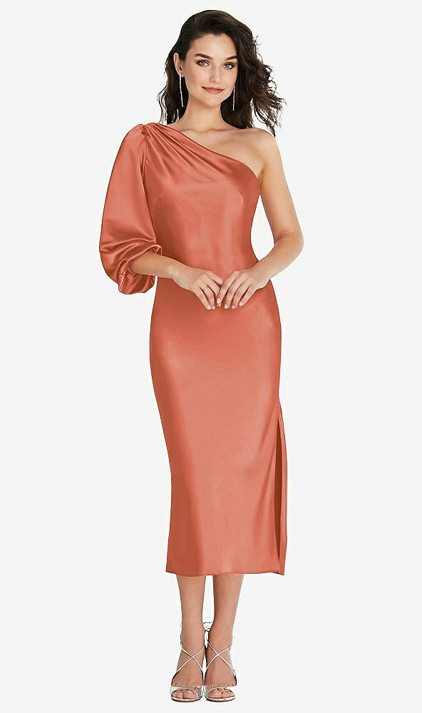 Front View - Terracotta Copper One-Shoulder Puff Sleeve Midi Bias Dress with Side Slit