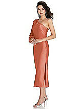 Side View Thumbnail - Terracotta Copper One-Shoulder Puff Sleeve Midi Bias Dress with Side Slit
