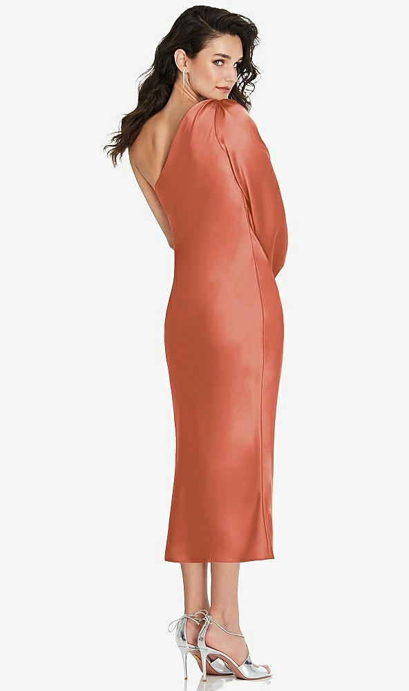 Back View - Terracotta Copper One-Shoulder Puff Sleeve Midi Bias Dress with Side Slit