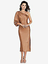 Front View Thumbnail - Toffee One-Shoulder Puff Sleeve Midi Bias Dress with Side Slit