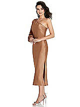 Side View Thumbnail - Toffee One-Shoulder Puff Sleeve Midi Bias Dress with Side Slit
