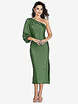 Front View Thumbnail - Vineyard Green One-Shoulder Puff Sleeve Midi Bias Dress with Side Slit