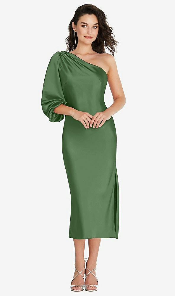 Front View - Vineyard Green One-Shoulder Puff Sleeve Midi Bias Dress with Side Slit