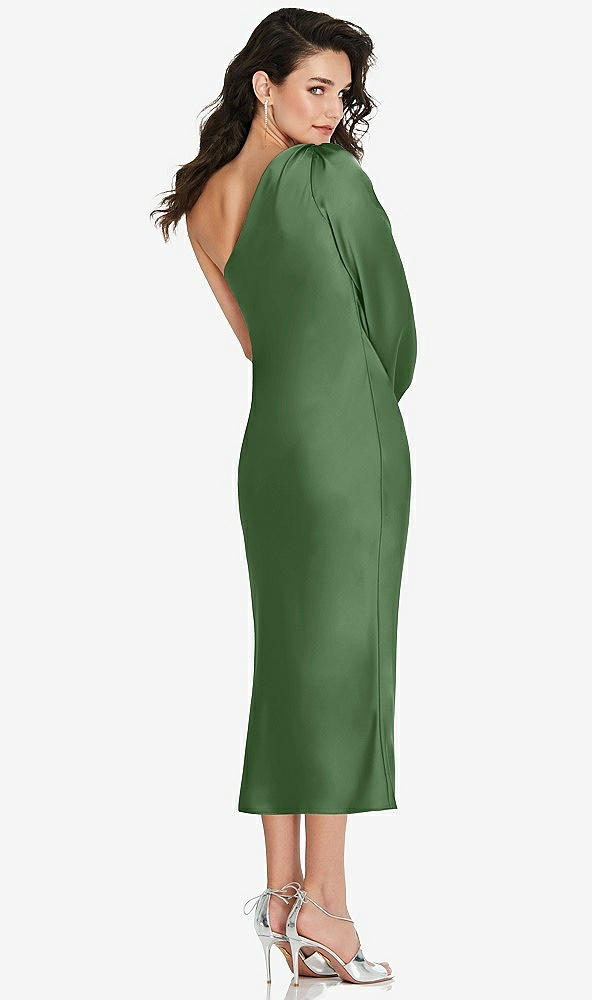 Back View - Vineyard Green One-Shoulder Puff Sleeve Midi Bias Dress with Side Slit