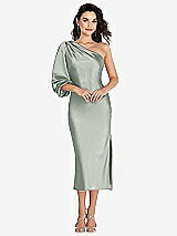 Front View Thumbnail - Willow Green One-Shoulder Puff Sleeve Midi Bias Dress with Side Slit