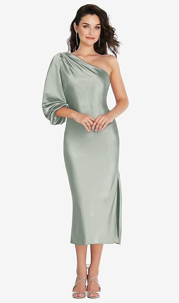 Front View - Willow Green One-Shoulder Puff Sleeve Midi Bias Dress with Side Slit