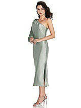 Side View Thumbnail - Willow Green One-Shoulder Puff Sleeve Midi Bias Dress with Side Slit